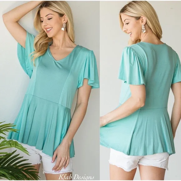 LAST 2! V Neck Ruffle Sleeve Monotone Color Block Fit and Flare Knit Top! - Picture 3 of 8